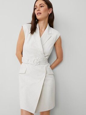 Ann Taylor Cream Pinstripe Sleeveless Belted Mini Dress